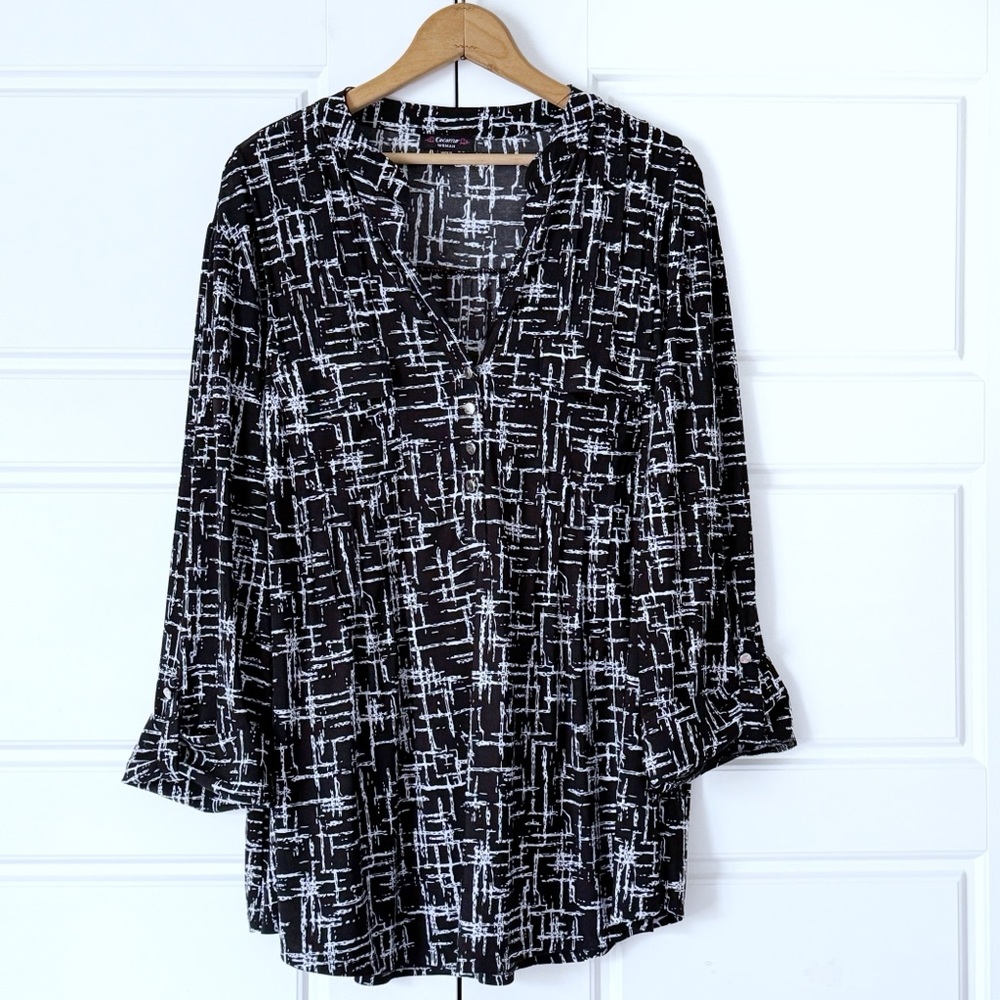 Cocomo Geometric Tunic Blouse Womens 3X Black White Roll Tab Office Abstract Top